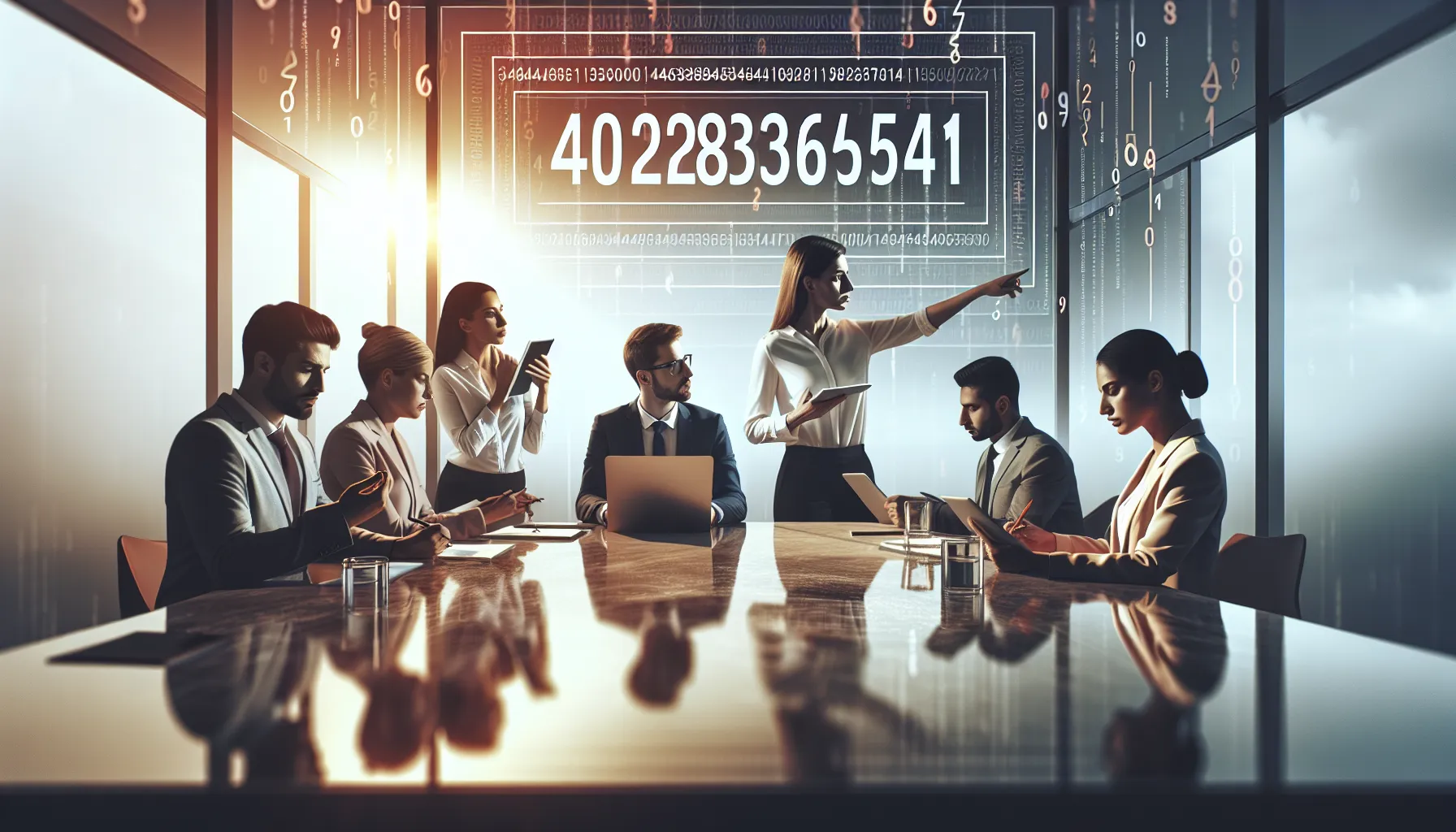 diverse professionals discussing a unique identifier in a modern office.