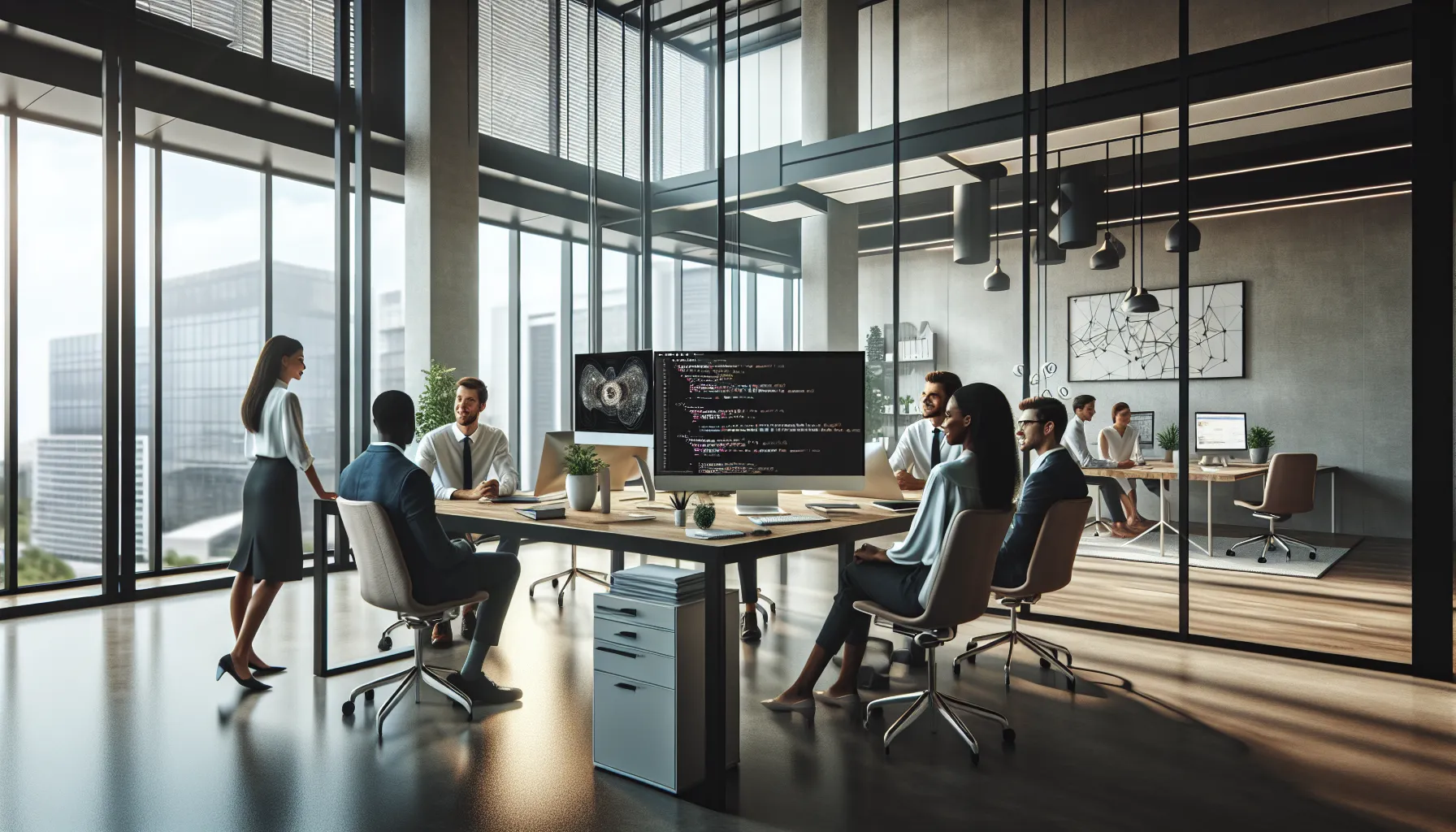 diverse team discussing technology in a modern office.