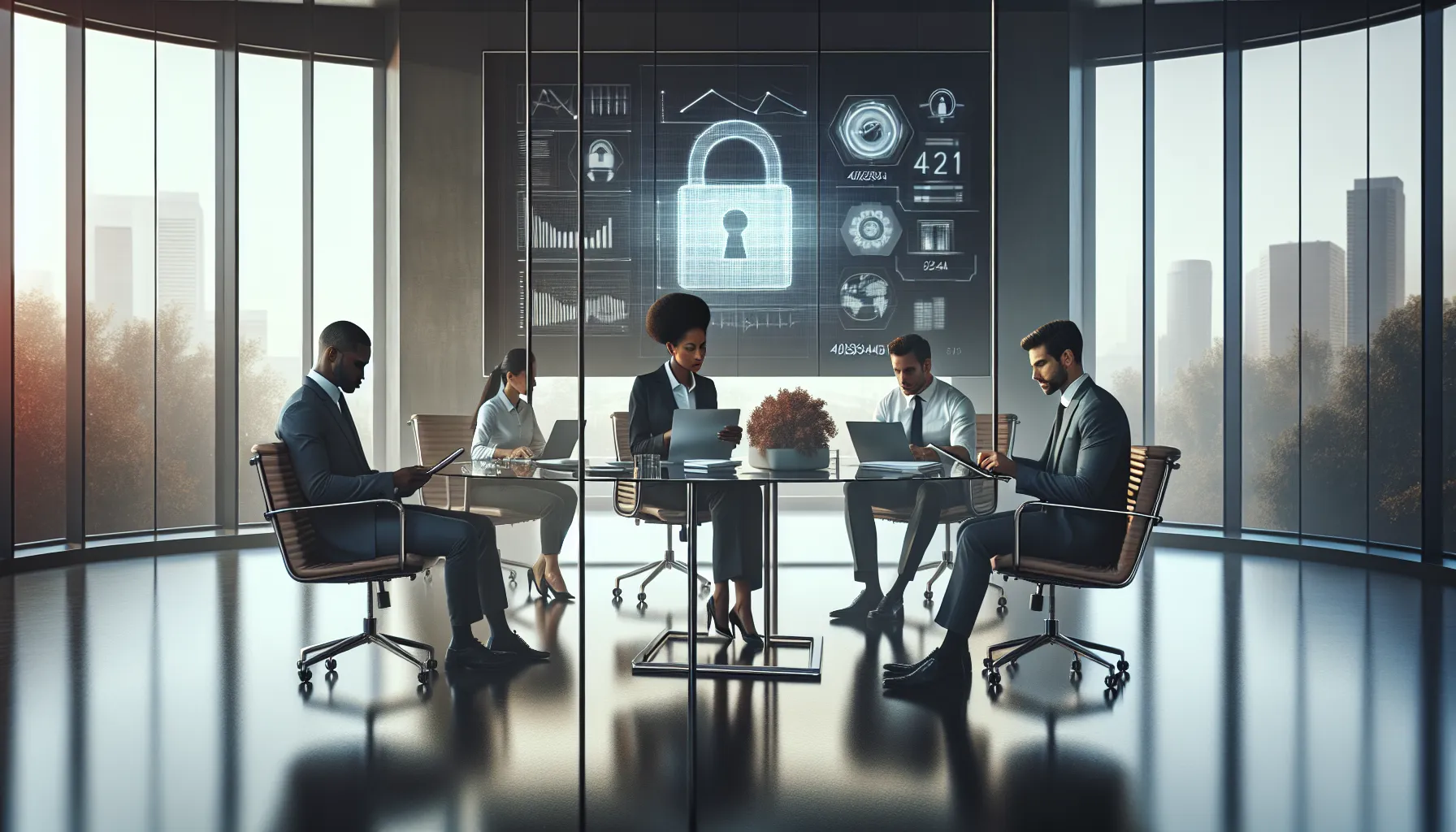 diverse team discussing cybersecurity in a modern office.